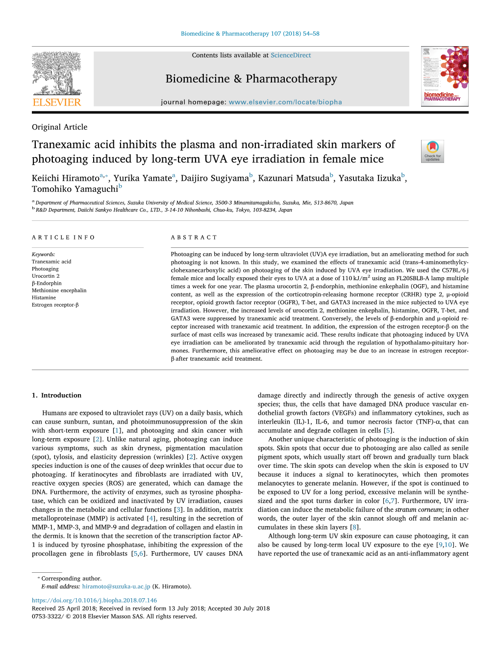 Tranexamic Acid Inhibits the Plasma and Non-Irradiated Skin Markers Of