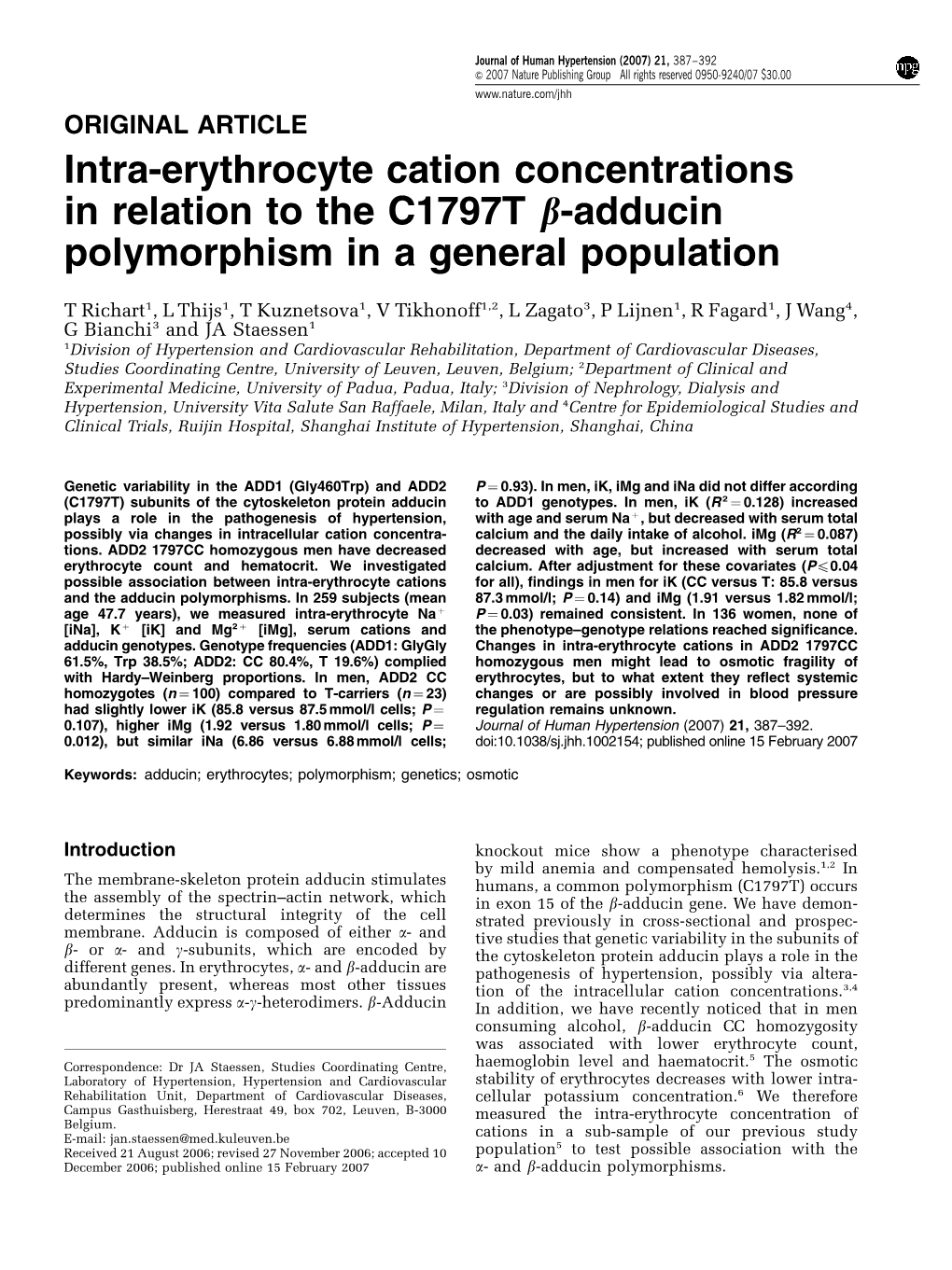 Intra-Erythrocyte Cation Concentrations in Relation to the C1797T B-Adducin Polymorphism in a General Population