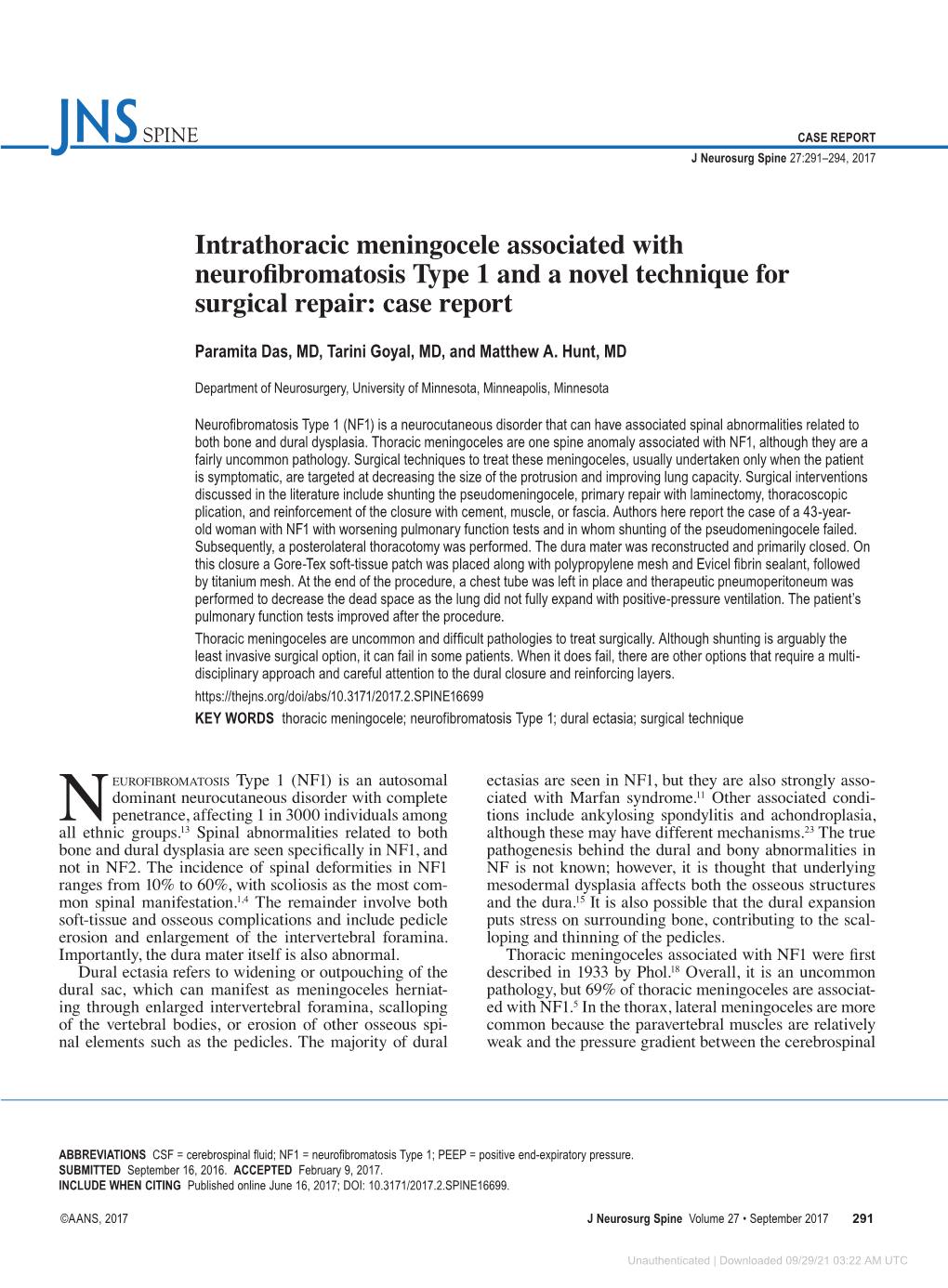 Intrathoracic Meningocele Associated with Neurofibromatosis Type 1 and a Novel Technique for Surgical Repair: Case Report