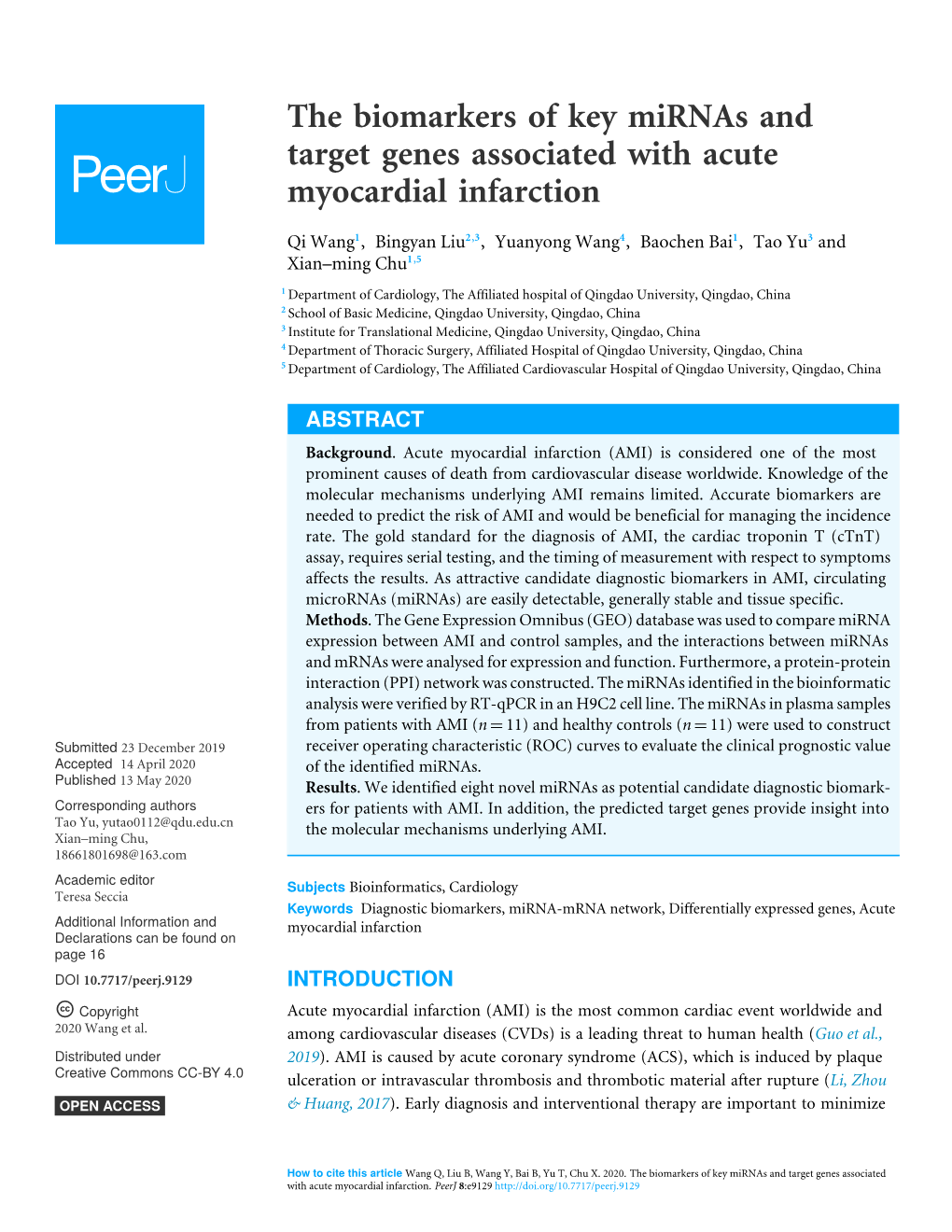 The Biomarkers of Key Mirnas and Target Genes Associated with Acute Myocardial Infarction