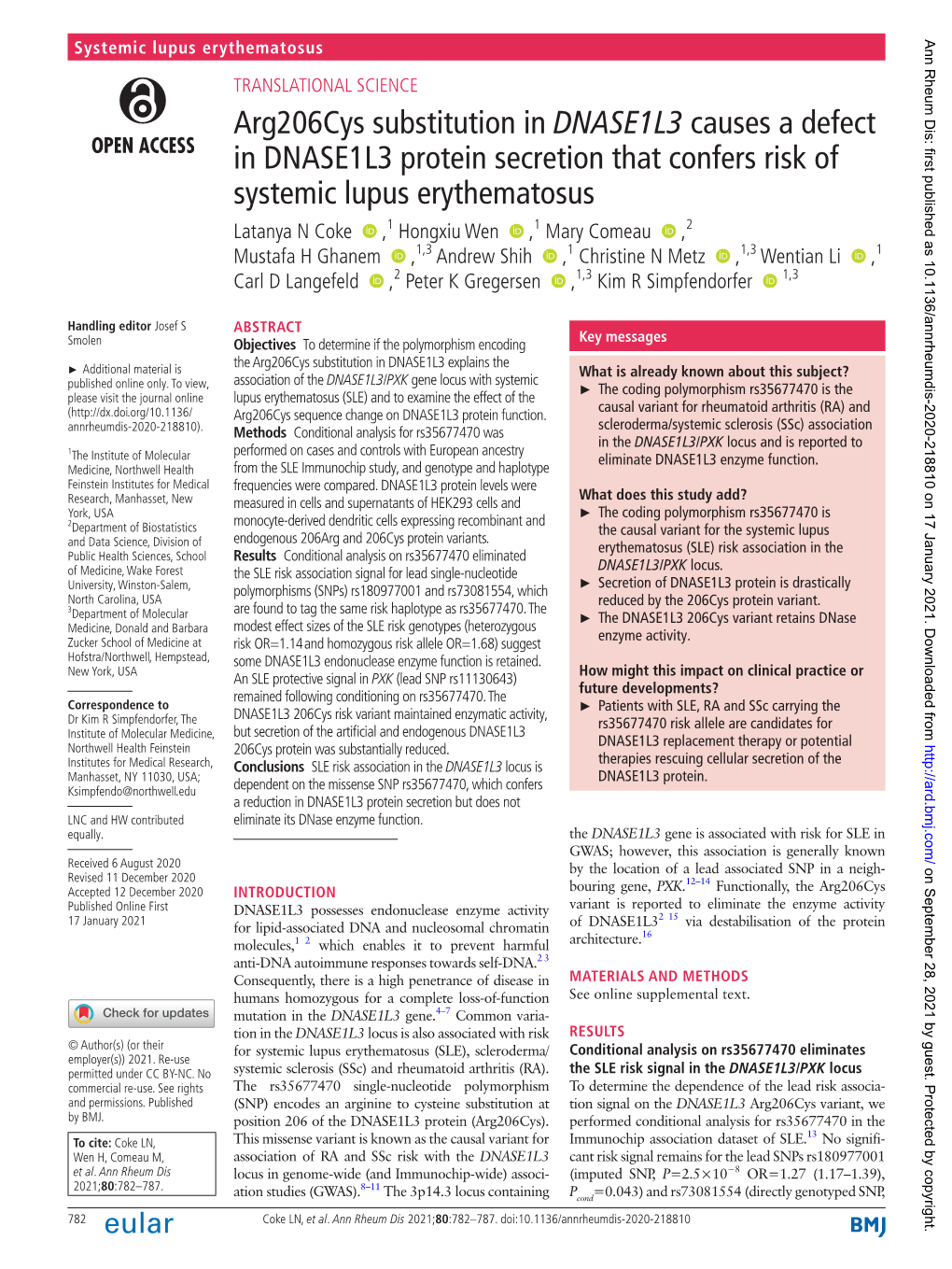 Arg206cys Substitution in DNASE1L3 Causes a Defect in DNASE1L3 Protein Secretion That Confers Risk of Systemic Lupus Erythematos