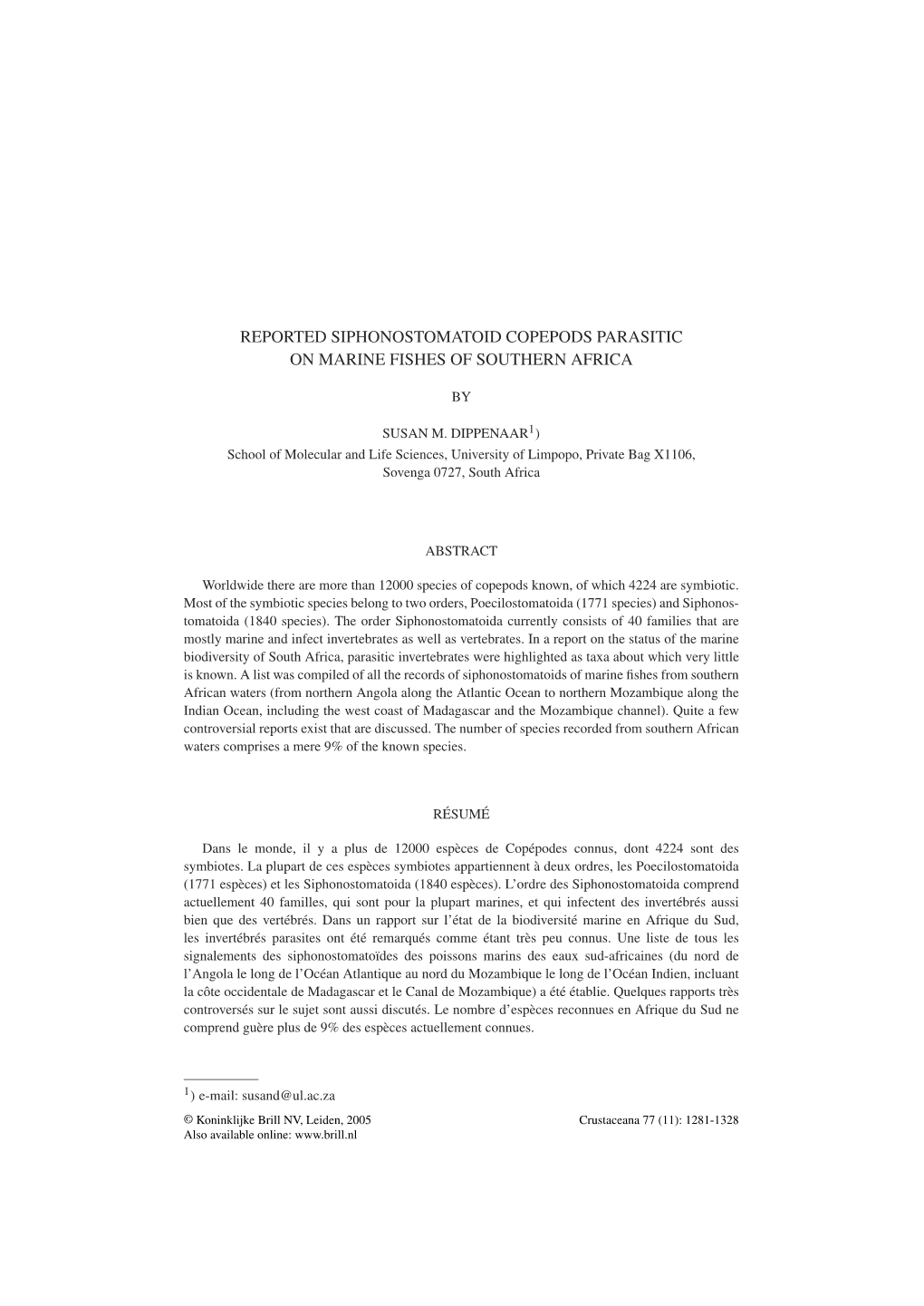 Reported Siphonostomatoid Copepods Parasitic on Marine Fishes of Southern Africa