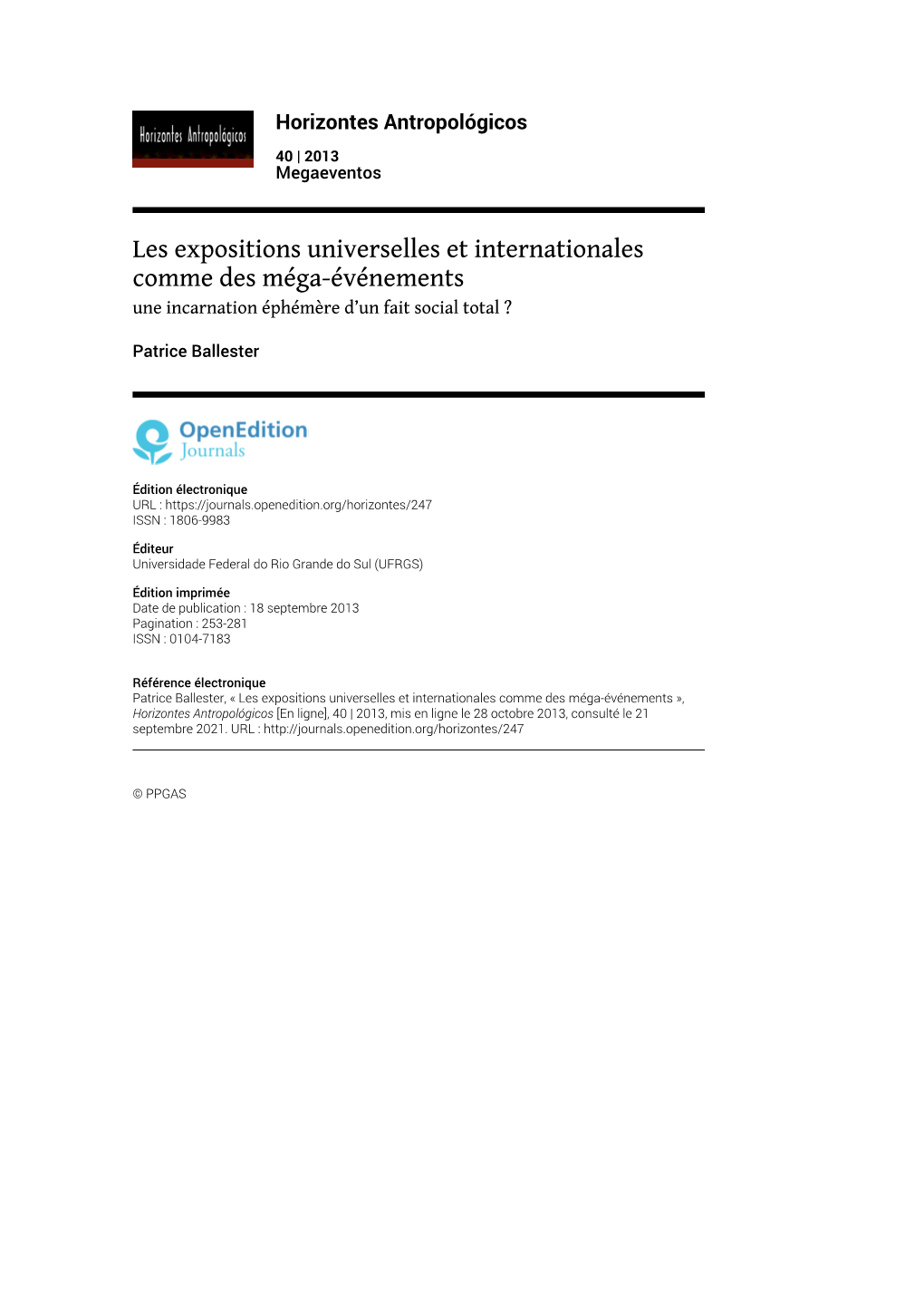 Les Expositions Universelles Et Internationales Comme Des Méga-Événements Une Incarnation Éphémère D’Un Fait Social Total ?