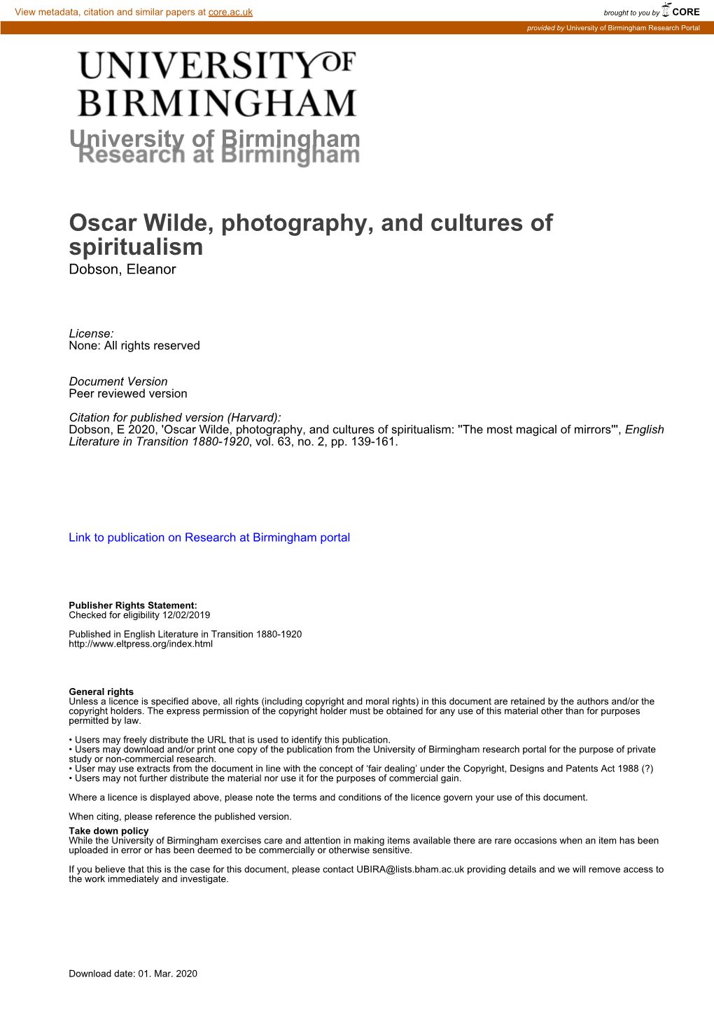 University of Birmingham Oscar Wilde, Photography, and Cultures Of