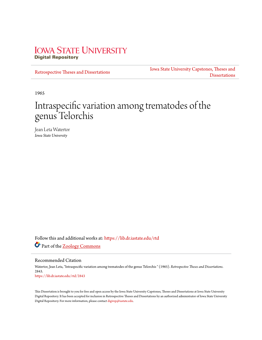 Intraspecific Variation Among Trematodes of the Genus Telorchis Jean Leta Watertor Iowa State University