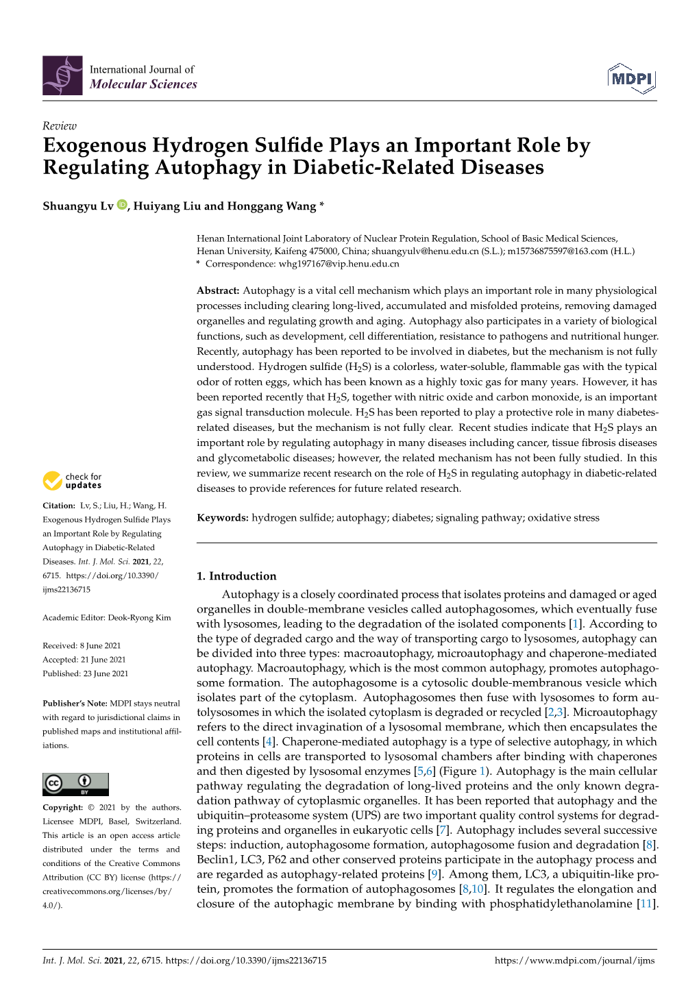 Exogenous Hydrogen Sulfide Plays an Important Role by Regulating