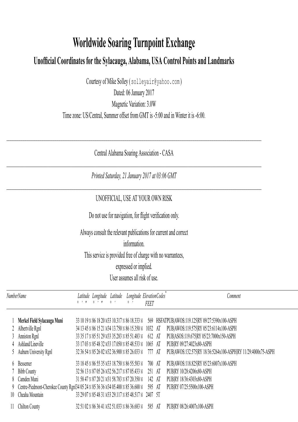 Worldwide Soaring Turnpoint Exchange Unofﬁcial Coordinates for the Sylacauga, Alabama, USA Control Points and Landmarks