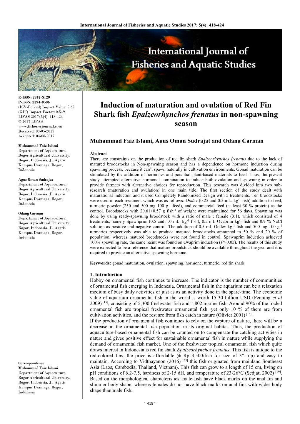 Induction of Maturation and Ovulation of Red Fin Shark Fish