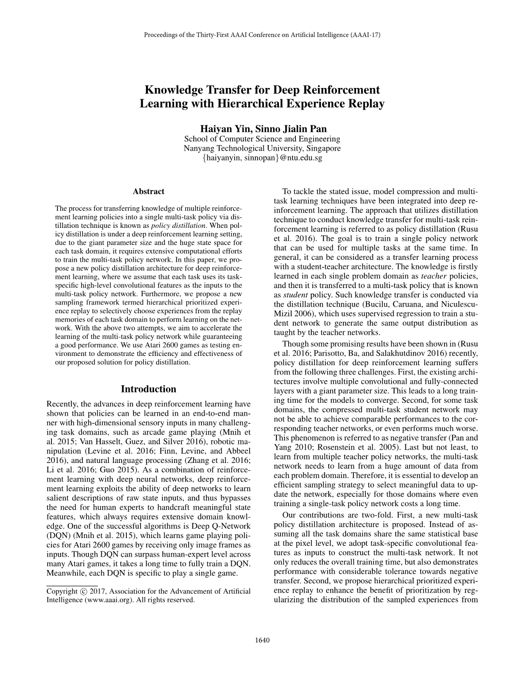 Knowledge Transfer for Deep Reinforcement Learning with Hierarchical Experience Replay