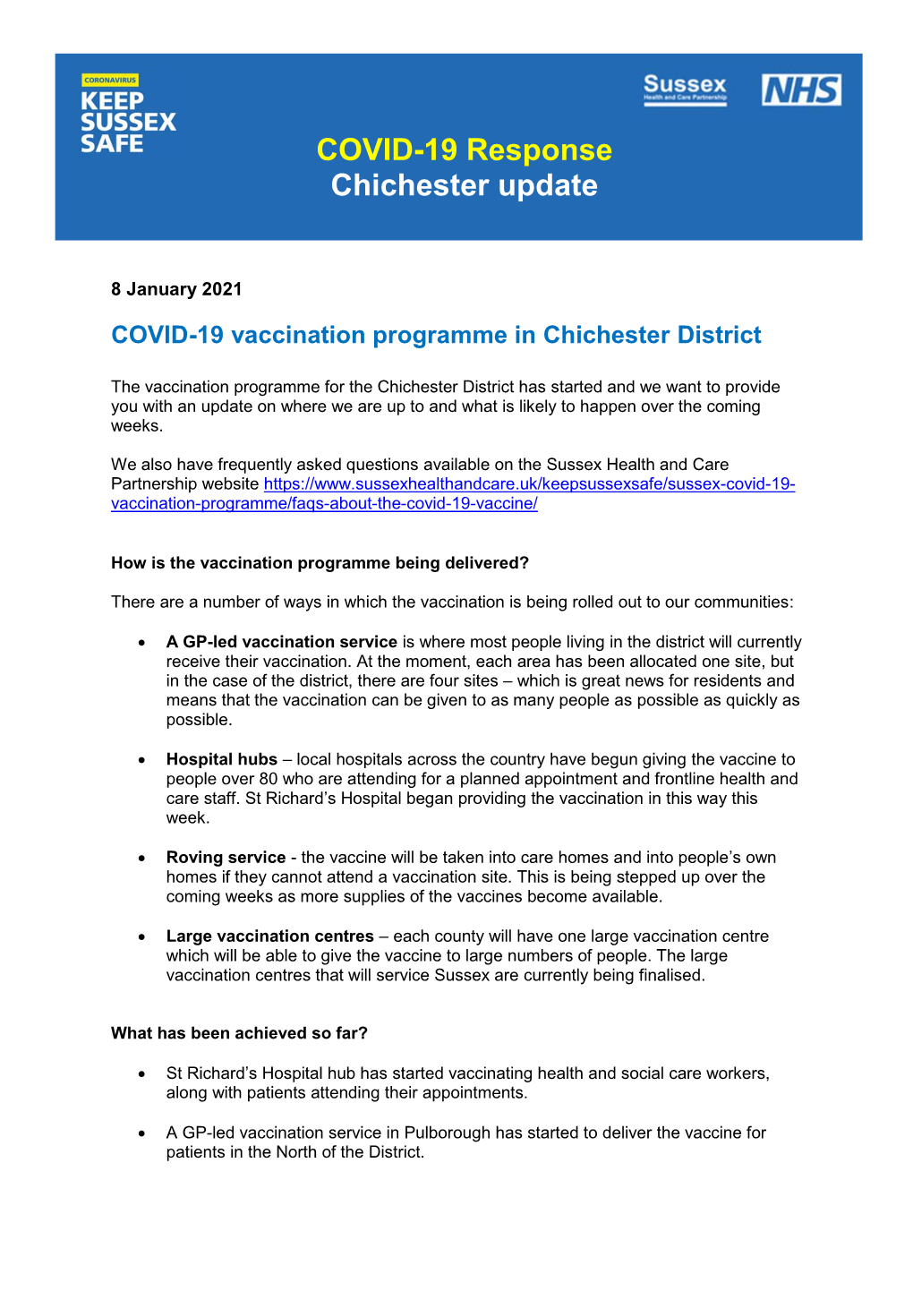 COVID-19 Response Chichester Update