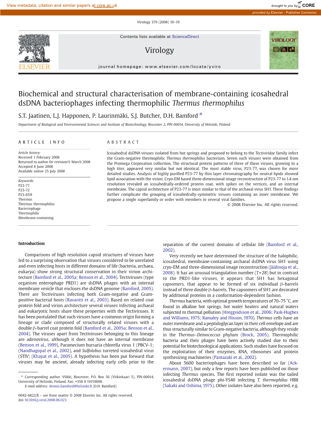 Biochemical and Structural Characterisation of Membrane-Containing Icosahedral Dsdna Bacteriophages Infecting Thermophilic Thermus Thermophilus