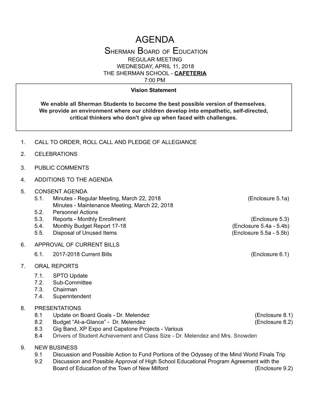 AGENDA SH ERMAN BO ARD O F ED UCATION REGULAR MEETING WEDNESDAY, APRIL 11, 2018 the SHERMAN SCHOOL - C AFETERIA 7:00 PM Vision Statement