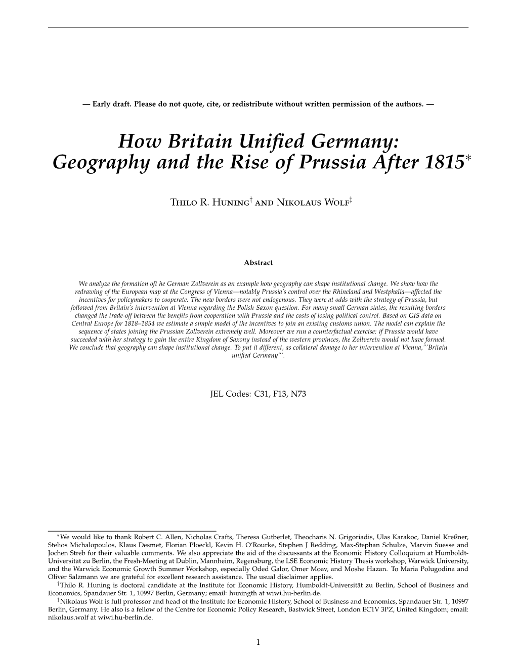 How Britain Unified Germany: Geography and the Rise of Prussia