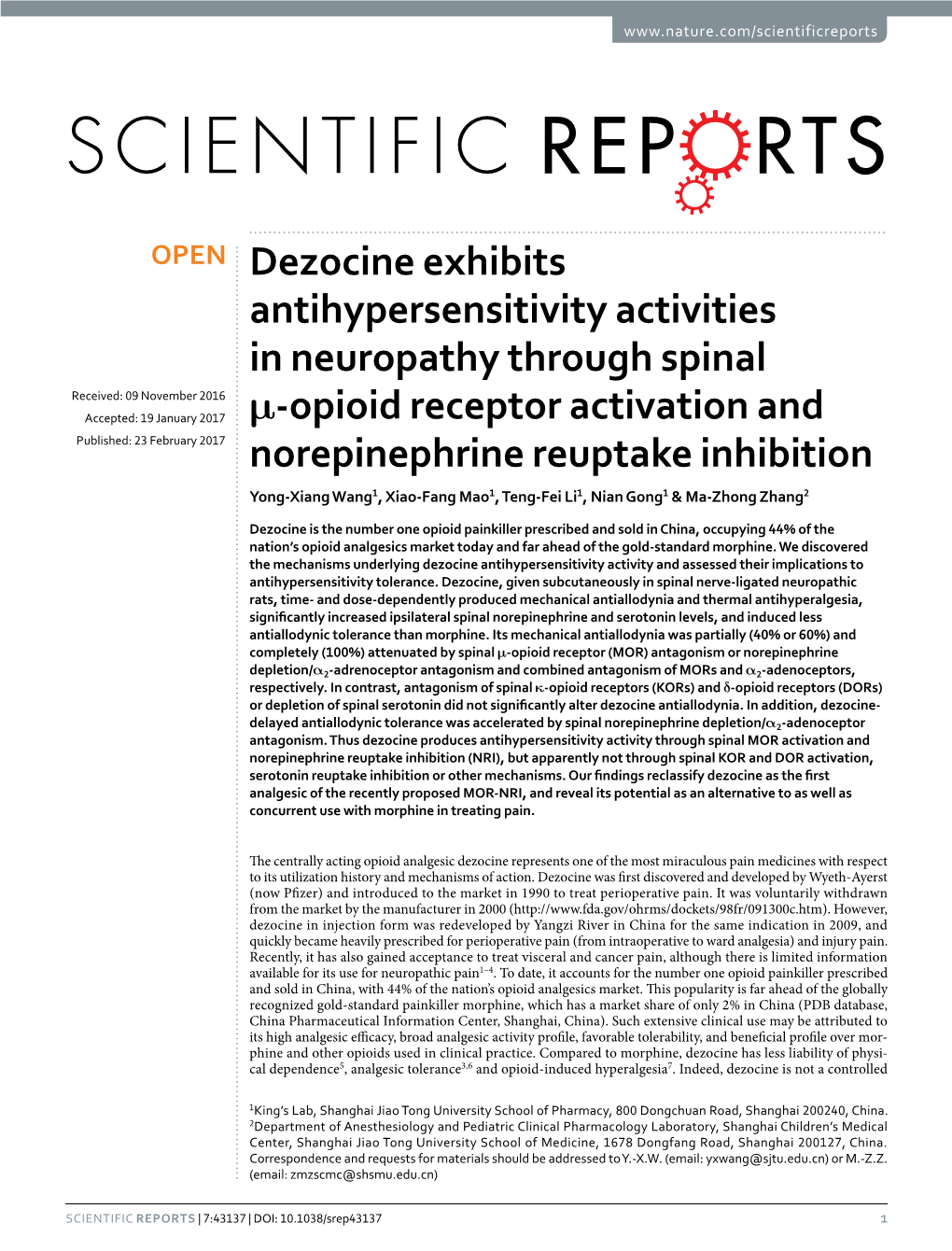 Dezocine Exhibits Antihypersensitivity Activities in Neuropathy Through