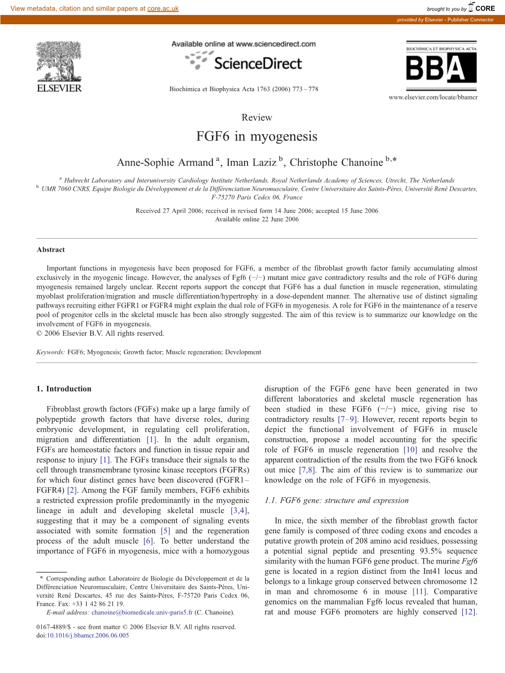 FGF6 in Myogenesis ⁎ Anne-Sophie Armand A, Iman Laziz B, Christophe Chanoine B