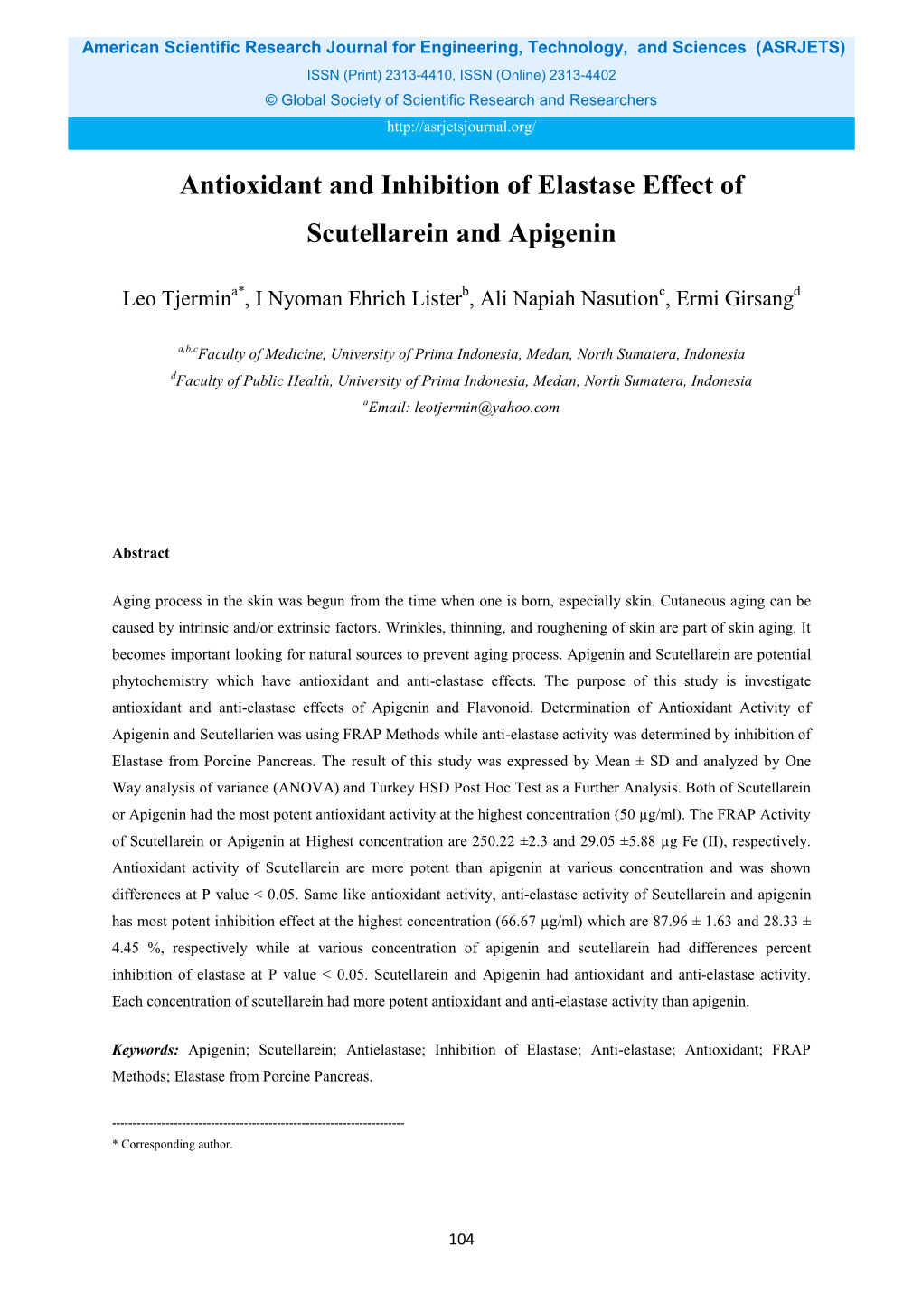 Antioxidant and Inhibition of Elastase Effect of Scutellarein and Apigenin