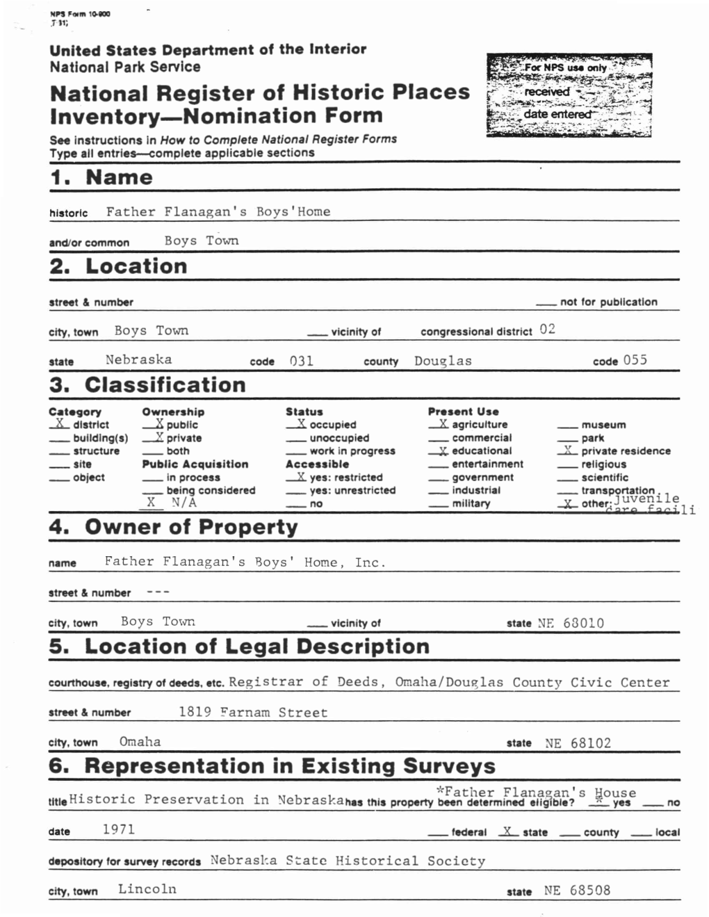 National Register of Historic Places Inventory-Nomination Form 2. Location 3. Classification 4. Owner of Property 5. Location Of