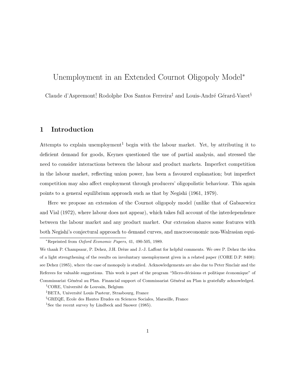 Unemployment in an Extended Cournot Oligopoly Model∗