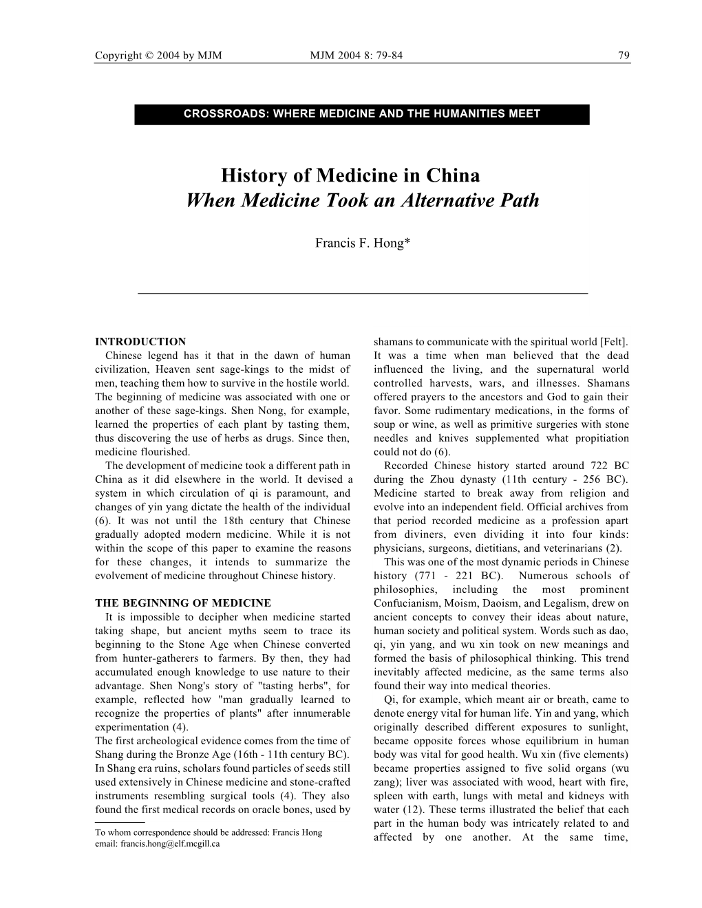History of Medicine in China When Medicine Took an Alternative Path