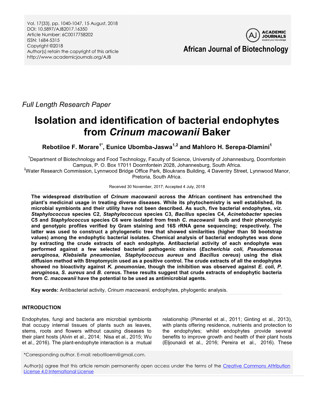 Isolation and Identification of Bacterial Endophytes from Crinum Macowanii Baker