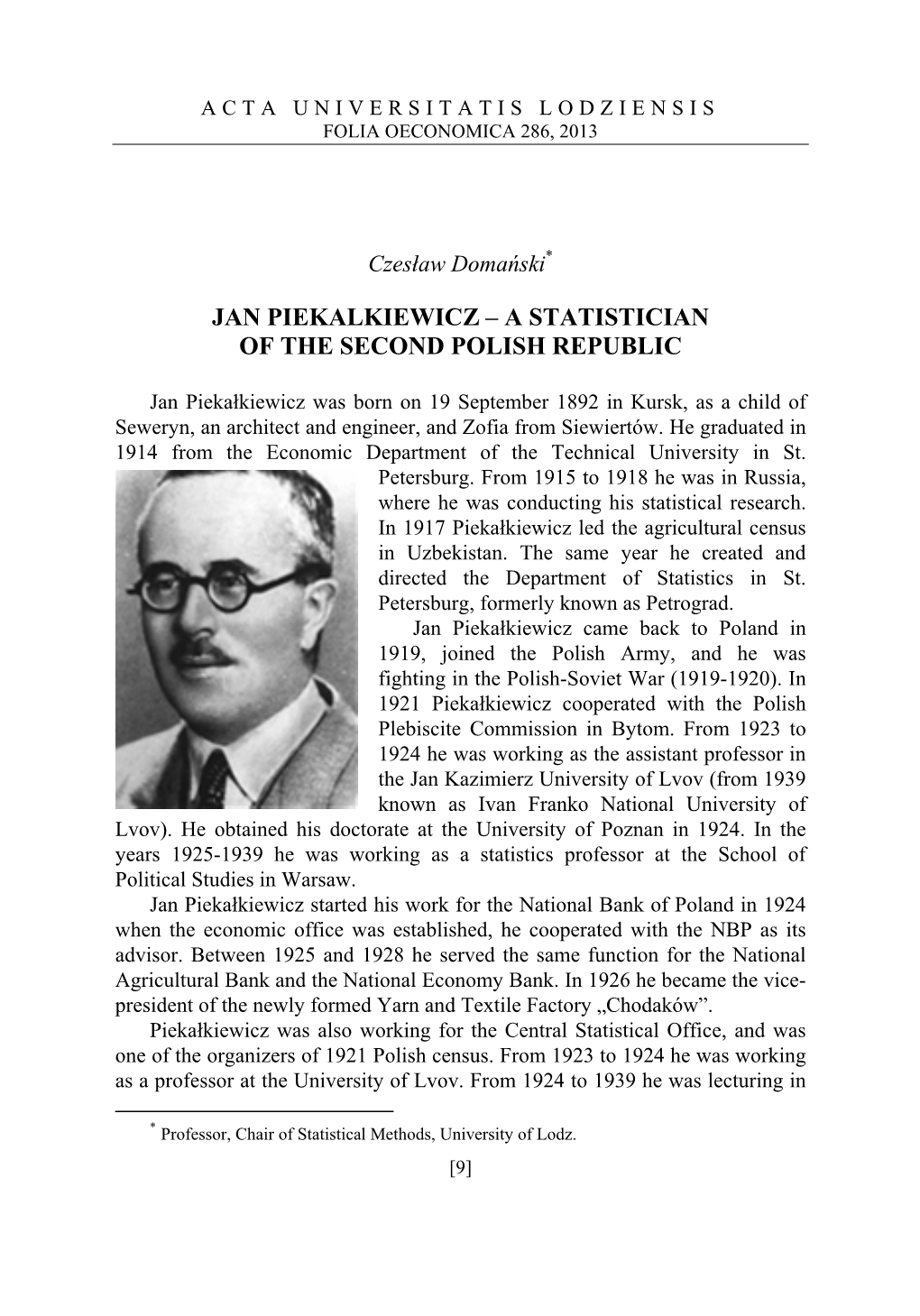 Jan Piekalkiewicz – a Statistician of the Second Polish Republic