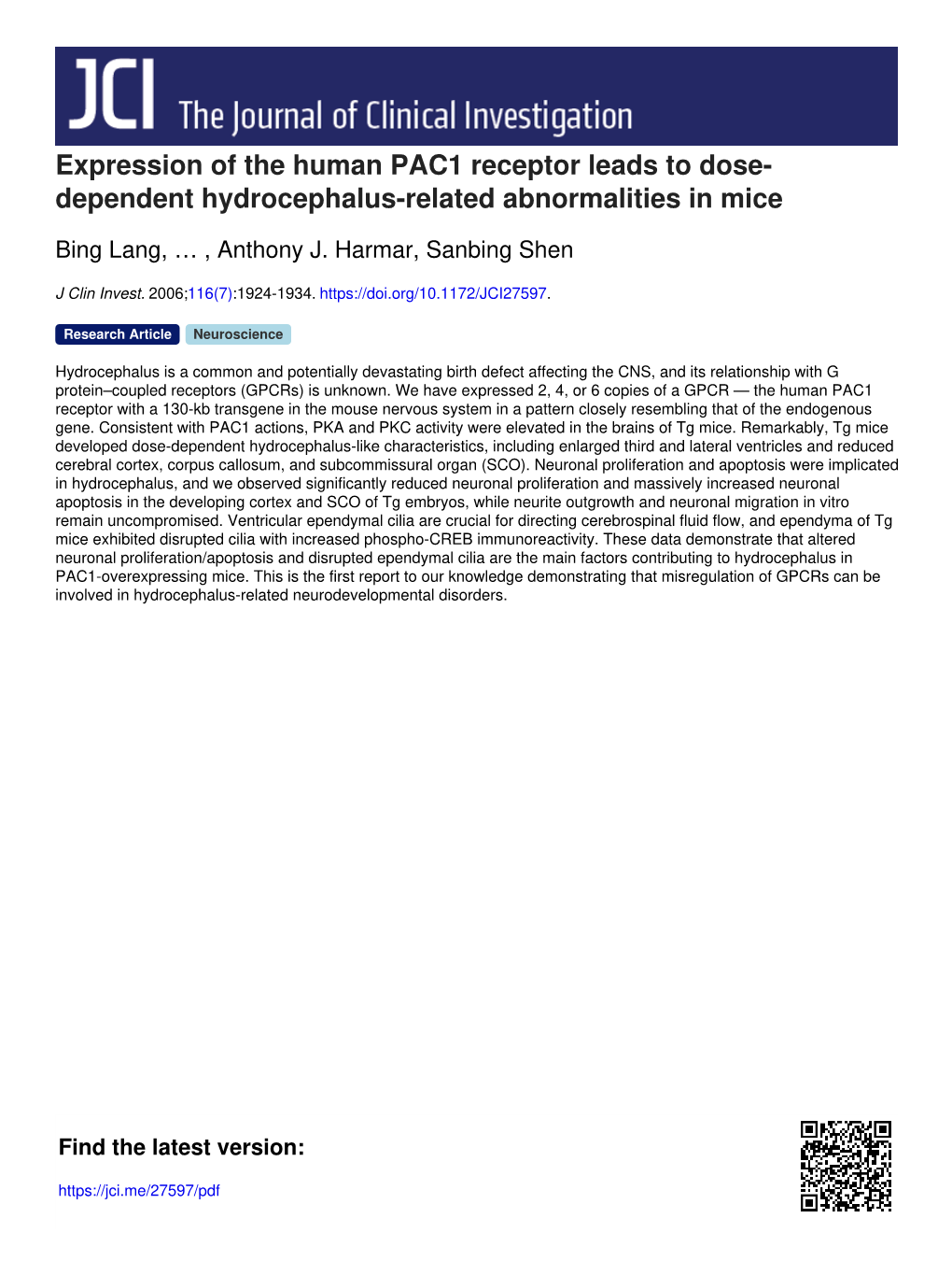 Expression of the Human PAC1 Receptor Leads to Dose- Dependent Hydrocephalus-Related Abnormalities in Mice