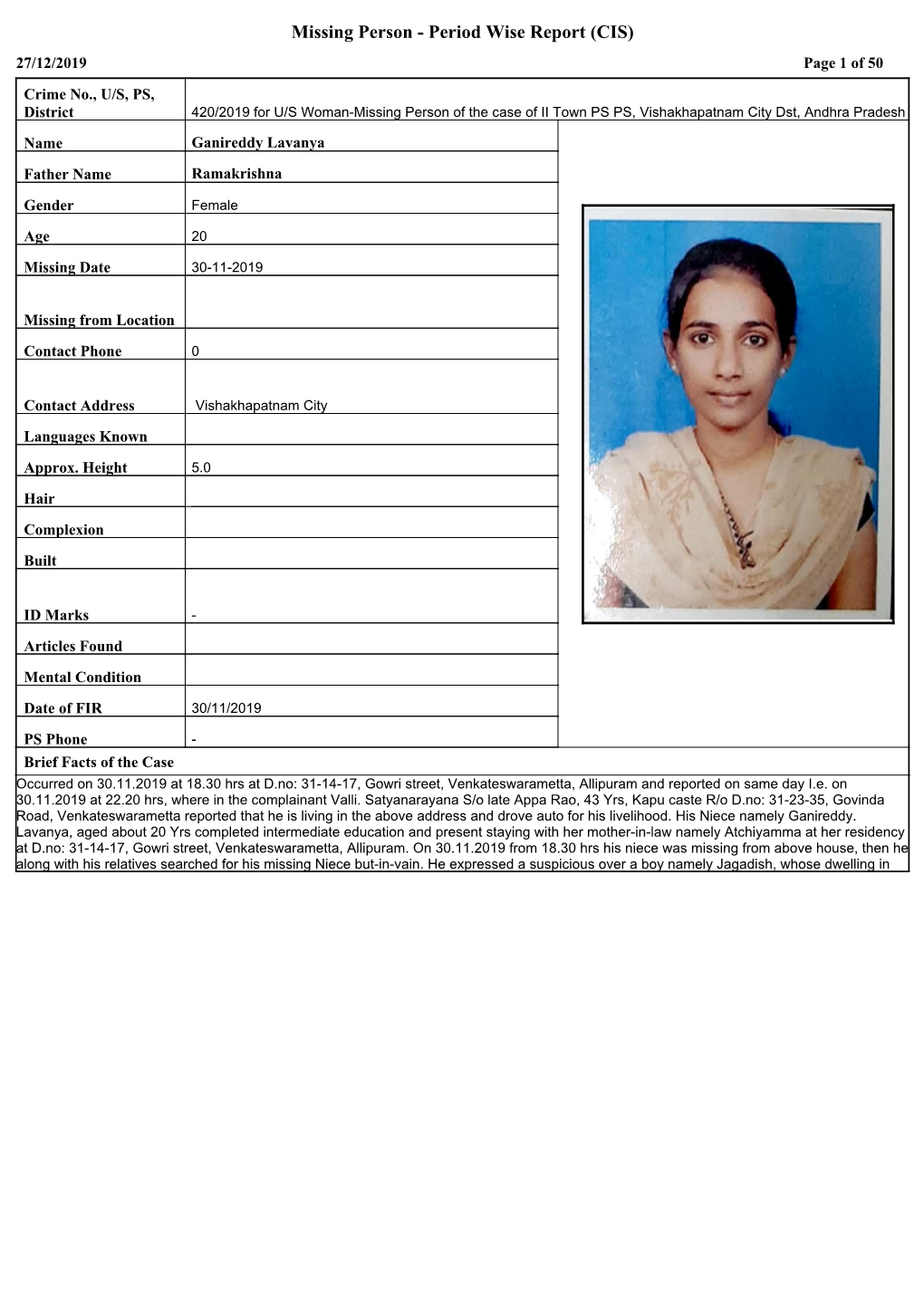 Missing Person - Period Wise Report (CIS) 27/12/2019 Page 1 of 50
