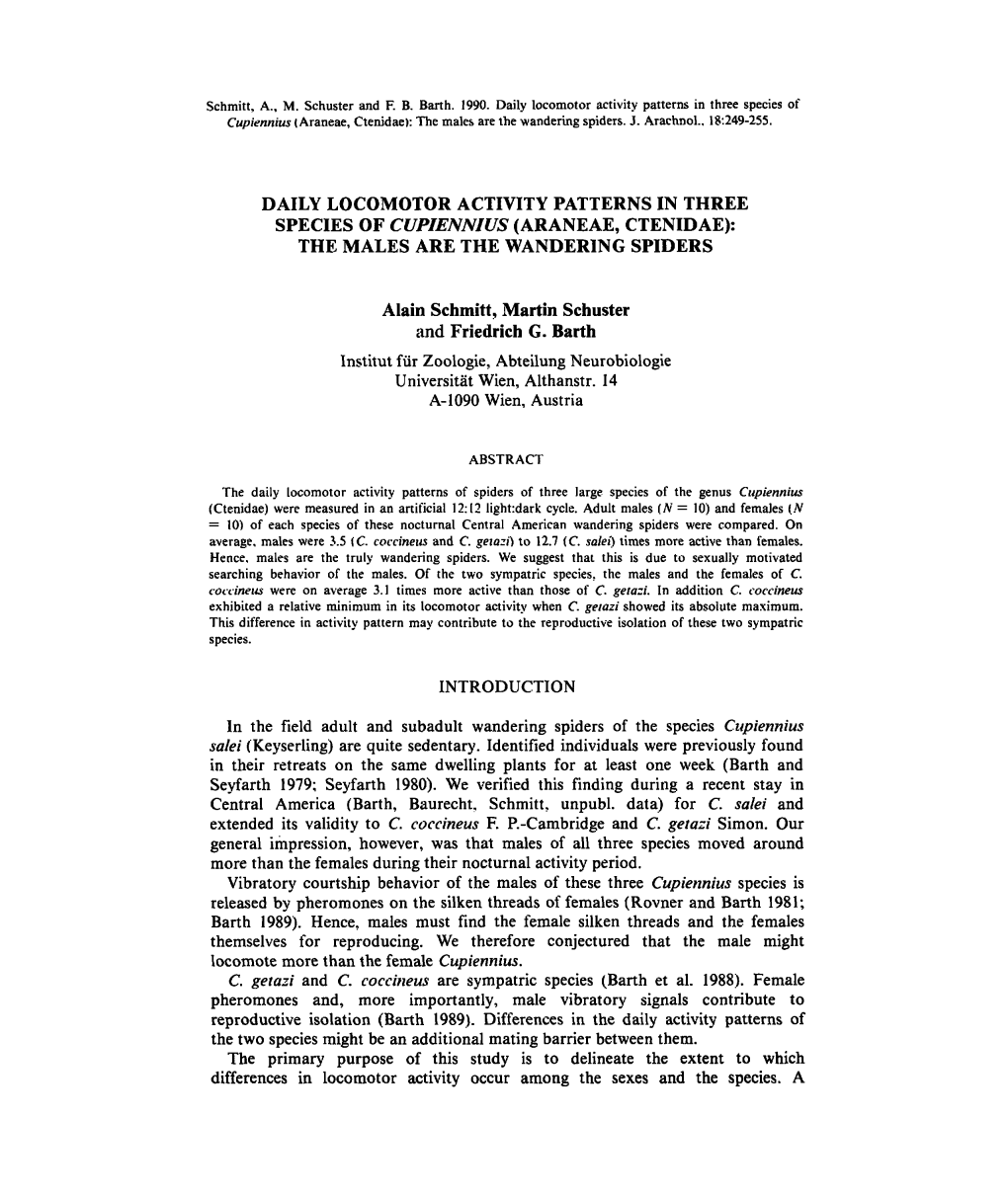 Daily Locomotor Activity Patterns in Three Species of Cupiennius (Araneae, Ctenidae): the Males Are the Wandering Spiders