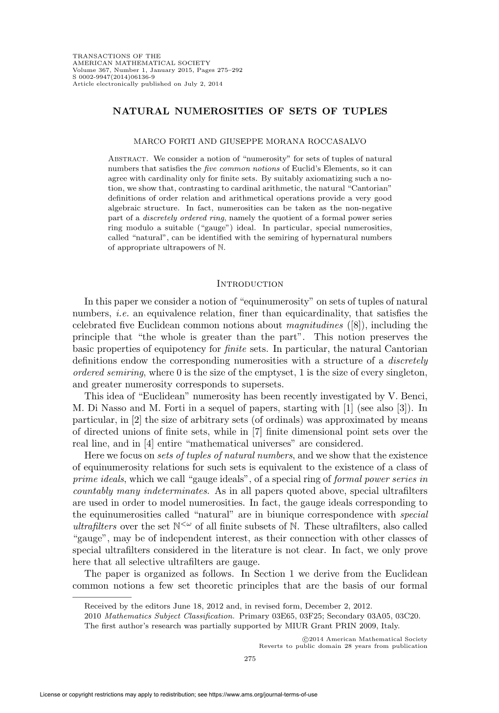 Natural Numerosities of Sets of Tuples