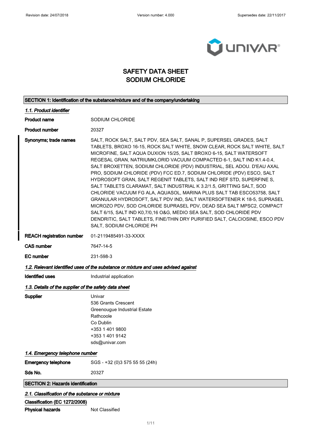 Safety Data Sheet Sodium Chloride