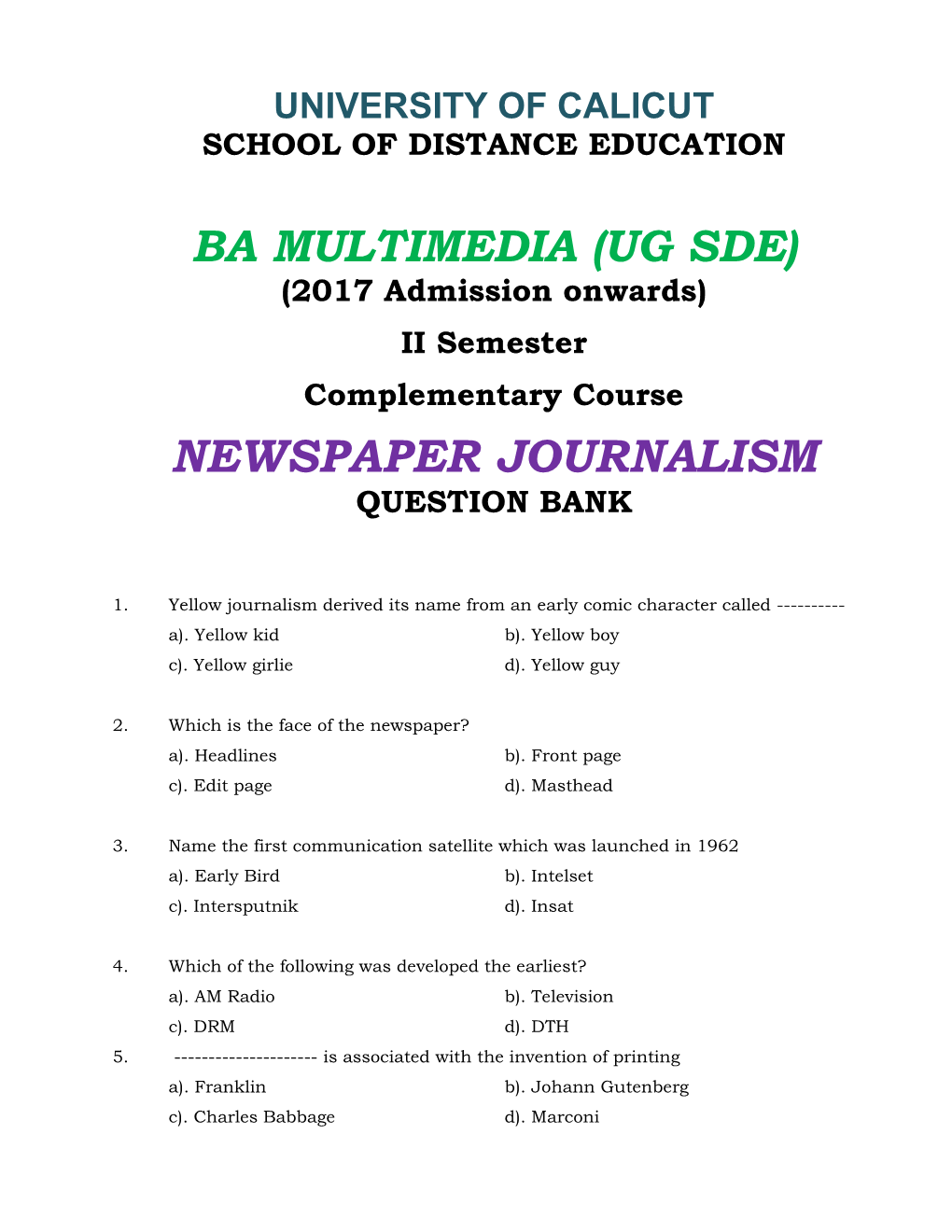 Newspaper Journalism Question Bank