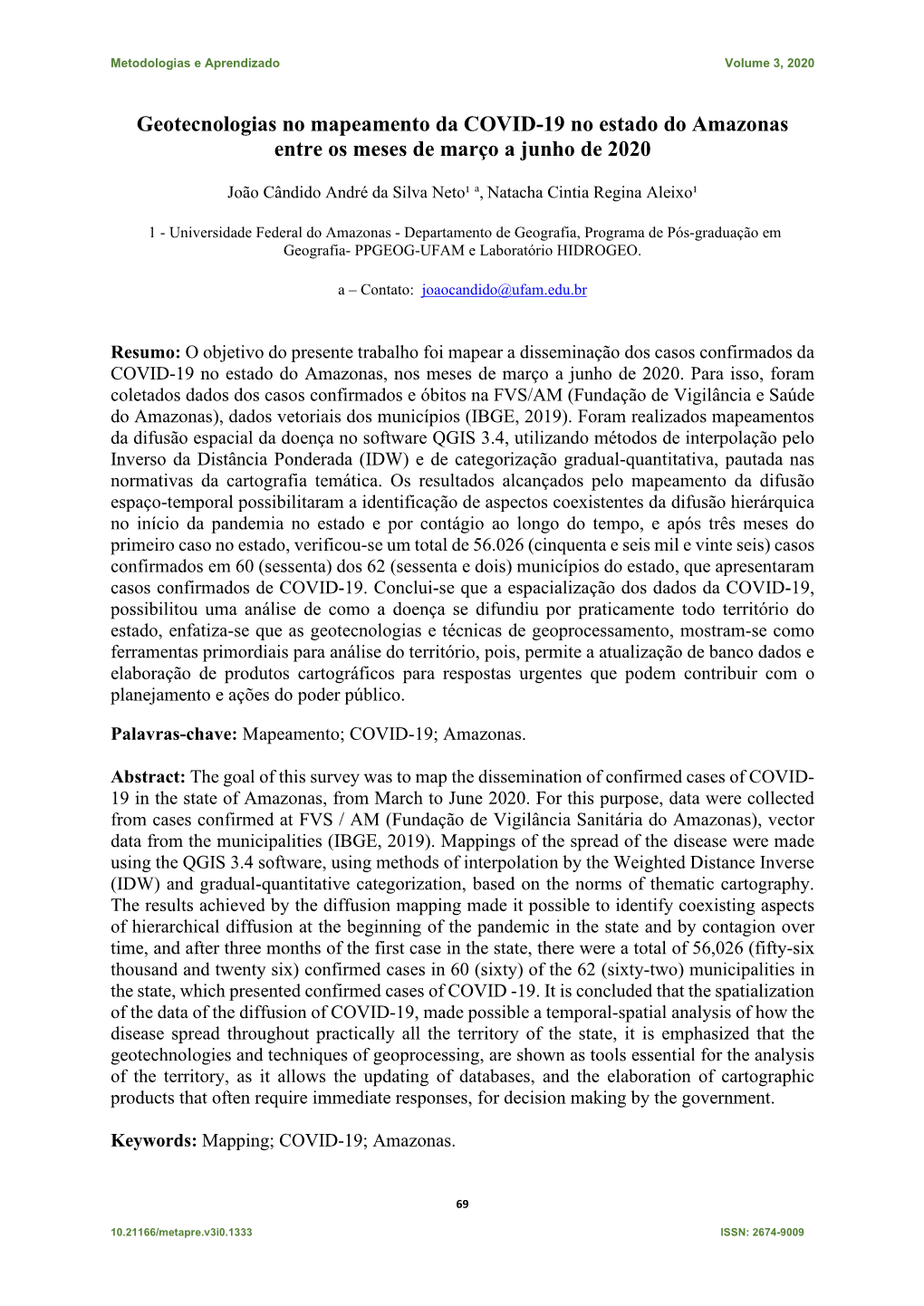 Geotecnologias No Mapeamento Da COVID-19 No Estado Do Amazonas Entre Os Meses De Março a Junho De 2020