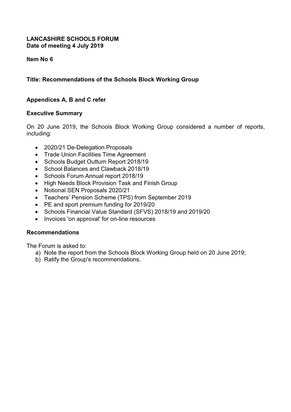 Recommendations of the Schools Block Working Group
