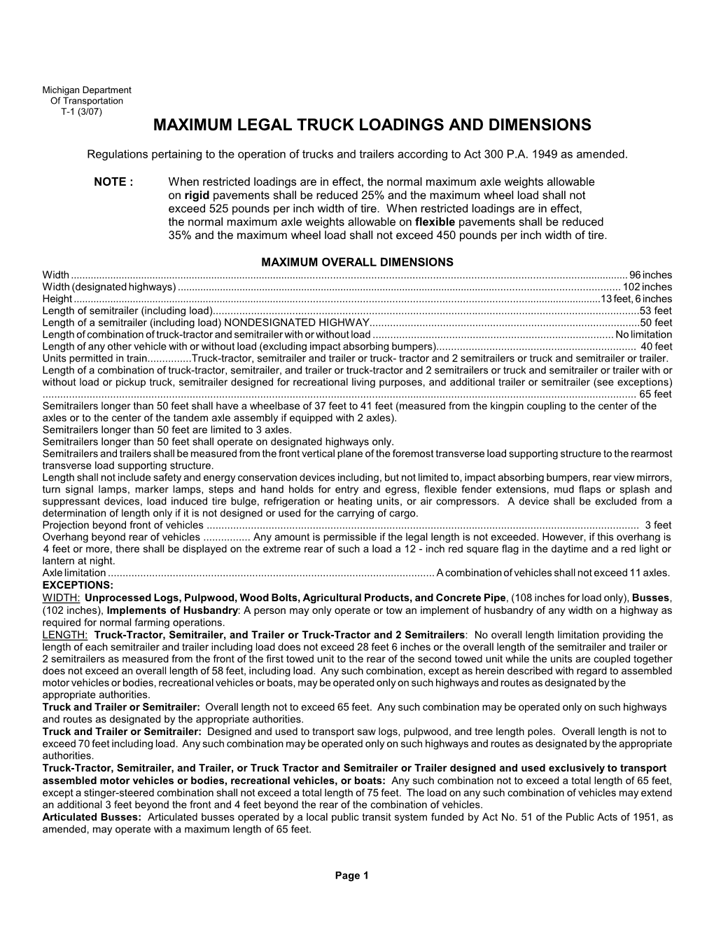 Maximum Legal Truck Loadings and Dimensions