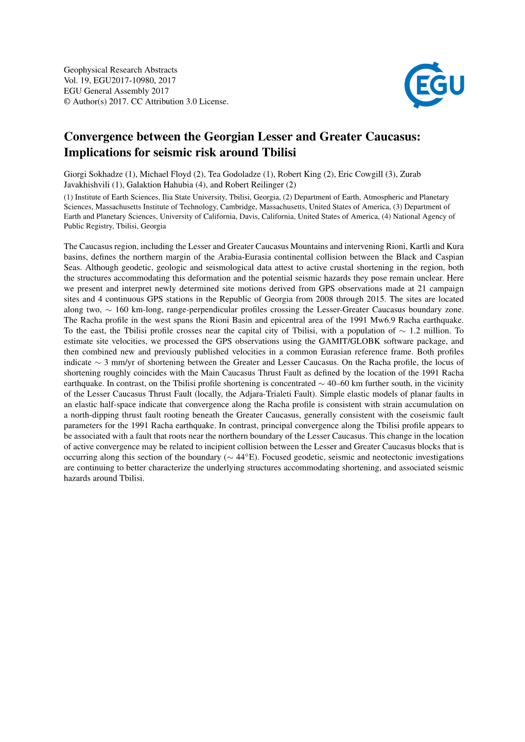 Convergence Between the Georgian Lesser and Greater Caucasus: Implications for Seismic Risk Around Tbilisi