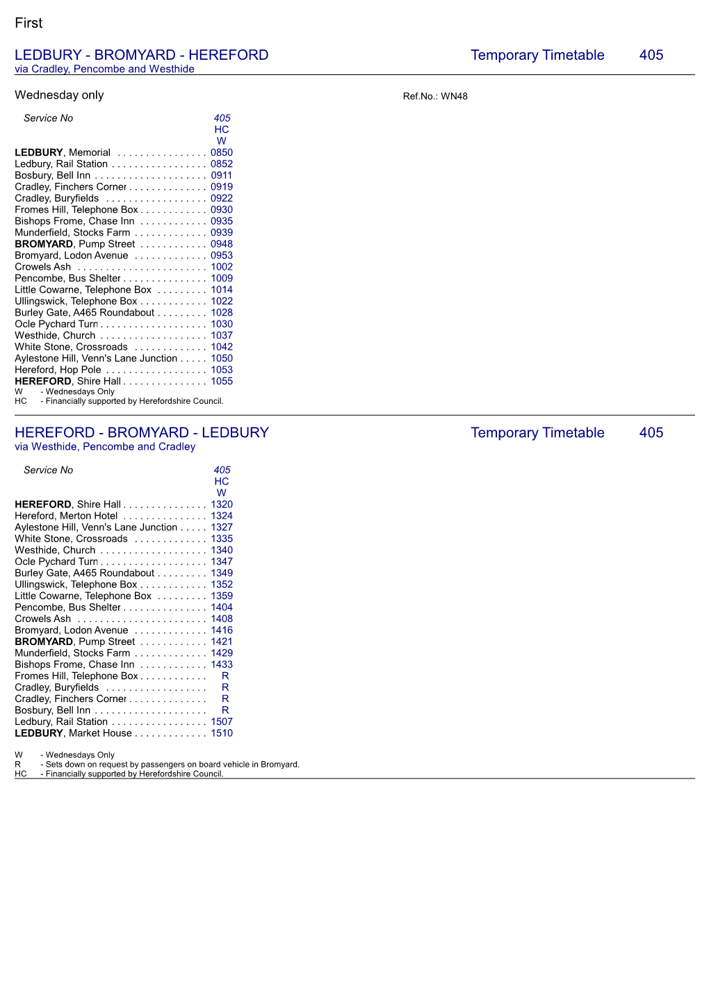 BROMYARD - HEREFORD Temporary Timetable 405 Via Cradley, Pencombe and Westhide