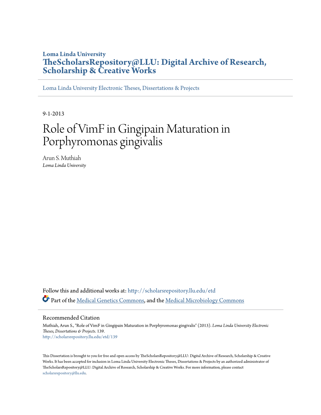 Role of Vimf in Gingipain Maturation in Porphyromonas Gingivalis Arun S
