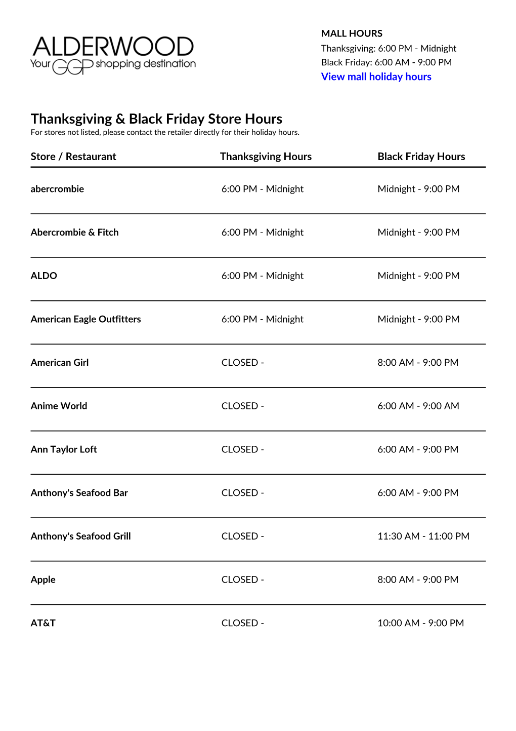 Thanksgiving & Black Friday Store Hours