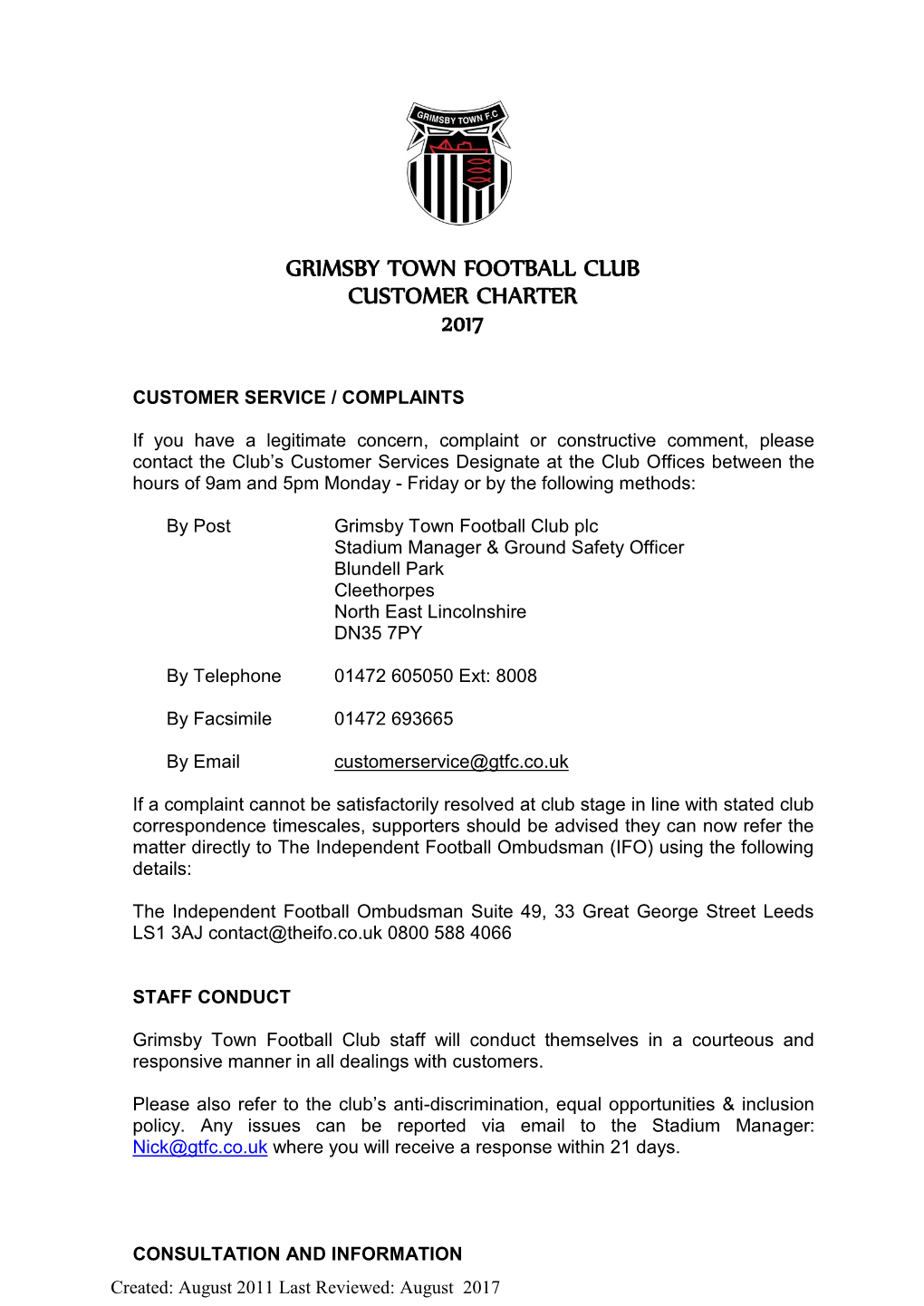 Grimsby Town Football Club Customer Charter 2017