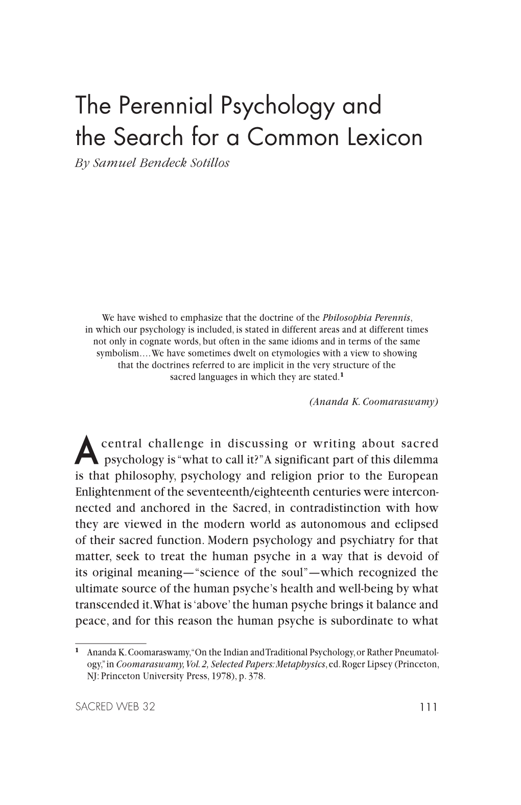 The Perennial Psychology and the Search for a Common Lexicon by Samuel Bendeck Sotillos