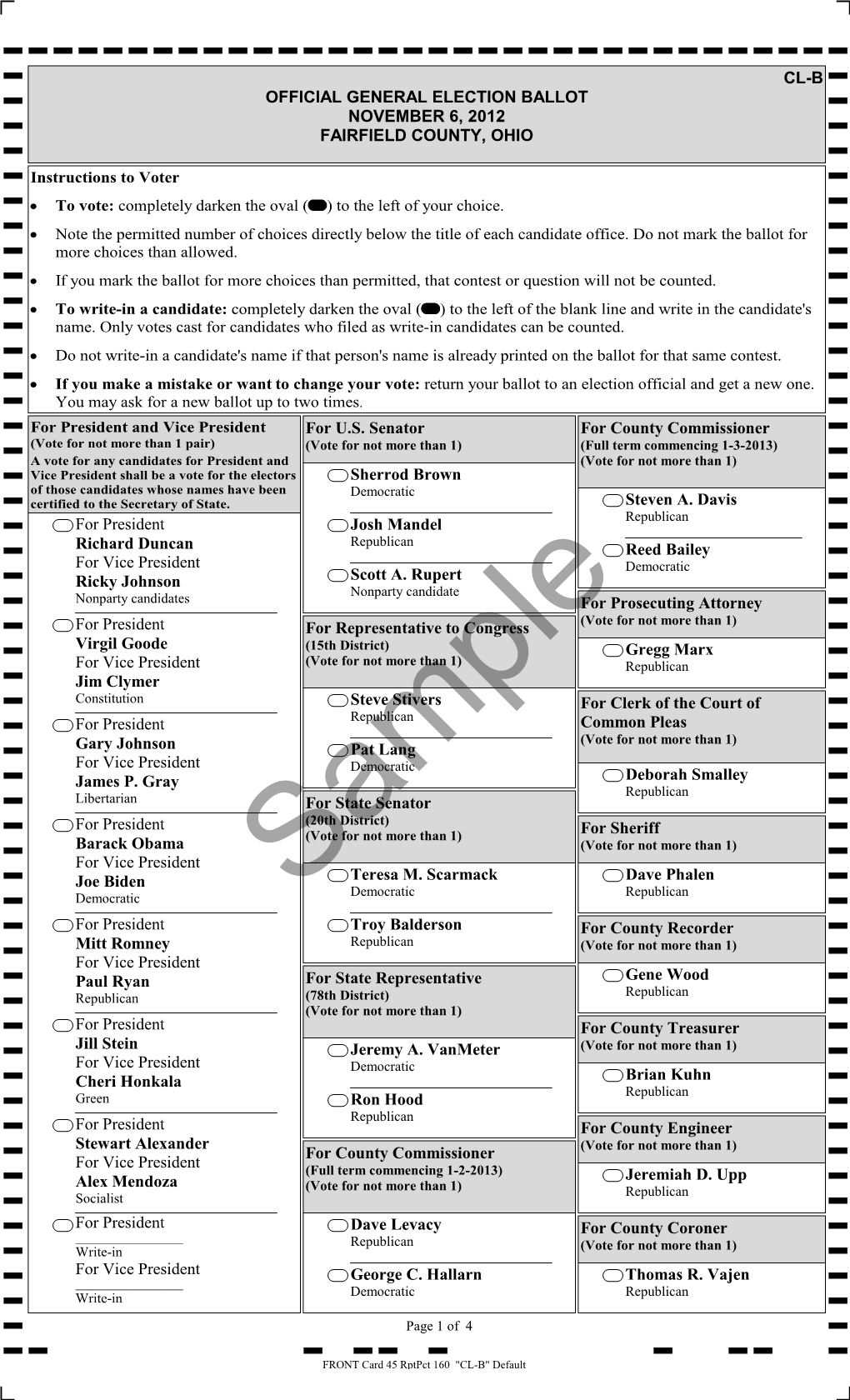 Cl-B Official General Election Ballot November 6, 2012 Fairfield County, Ohio