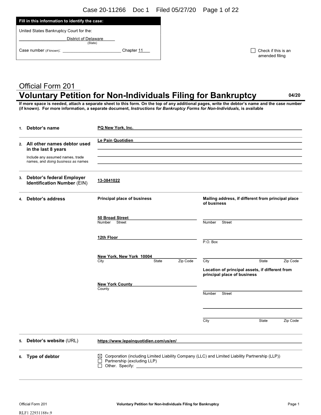 Voluntary Petition for Non-Individuals Filing for Bankruptcy 04/20 If More Space Is Needed, Attach a Separate Sheet to This Form