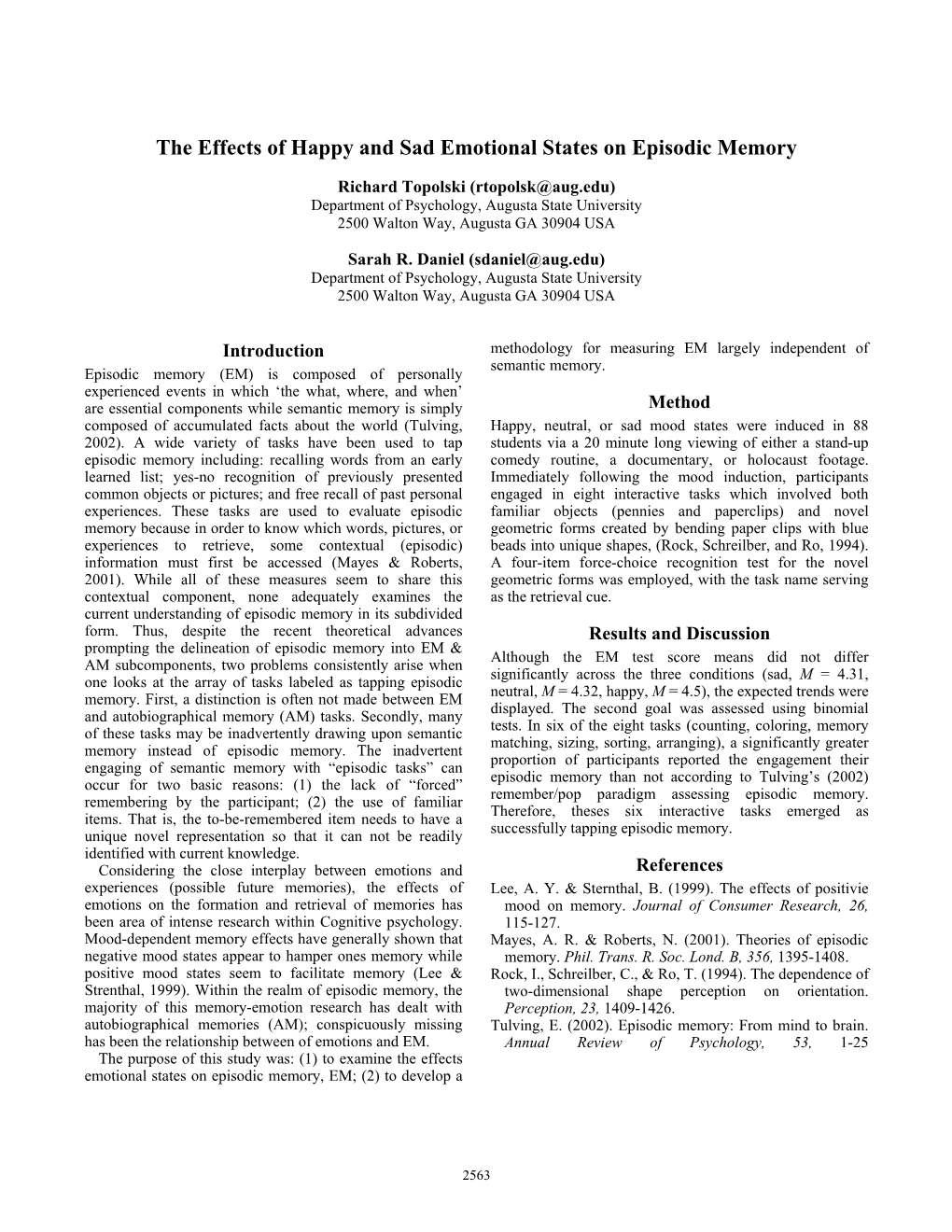 The Effects of Happy and Sad Emotional States on Episodic Memory