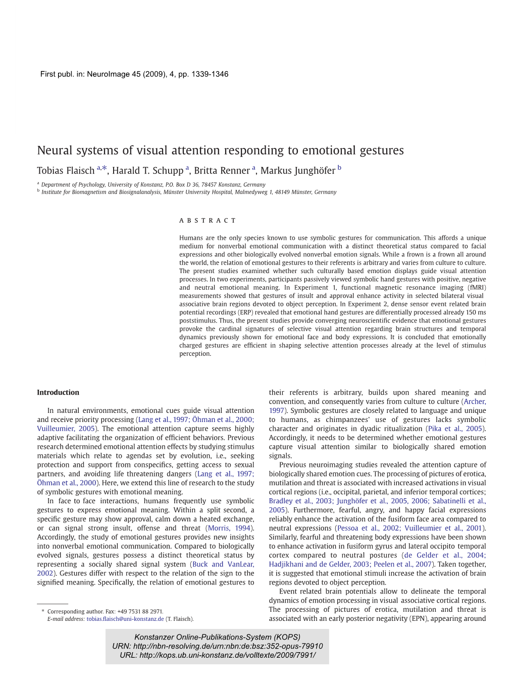 Neural Systems of Visual Attention Responding to Emotional Gestures