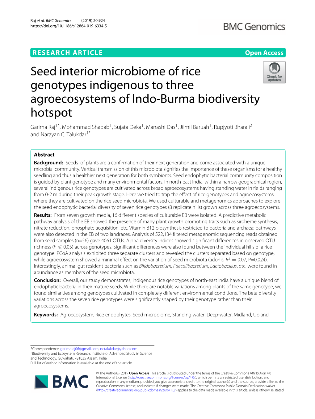 Seed Interior Microbiome of Rice Genotypes Indigenous to Three