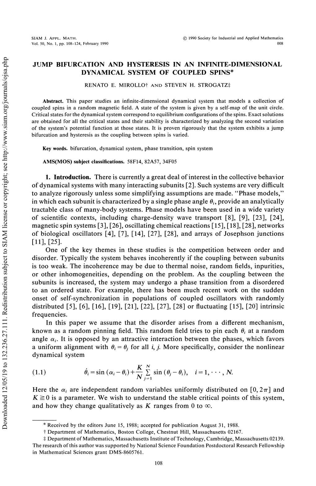 Jump Bifurcation and Hysteresis in an Infinite-Dimensional Dynamical System of Coupled Spins*