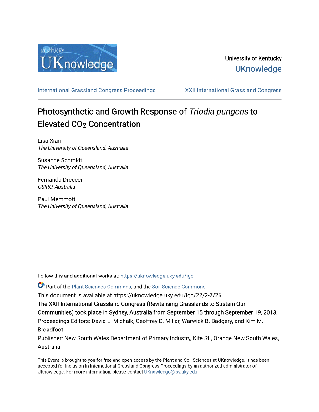 Photosynthetic and Growth Response of <Em>Triodia Pungens</Em> To