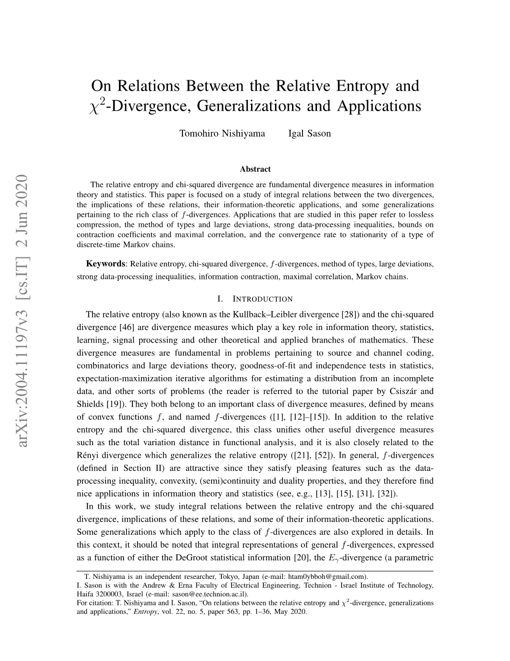 On Relations Between the Relative Entropy and $\Chi^ 2$-Divergence