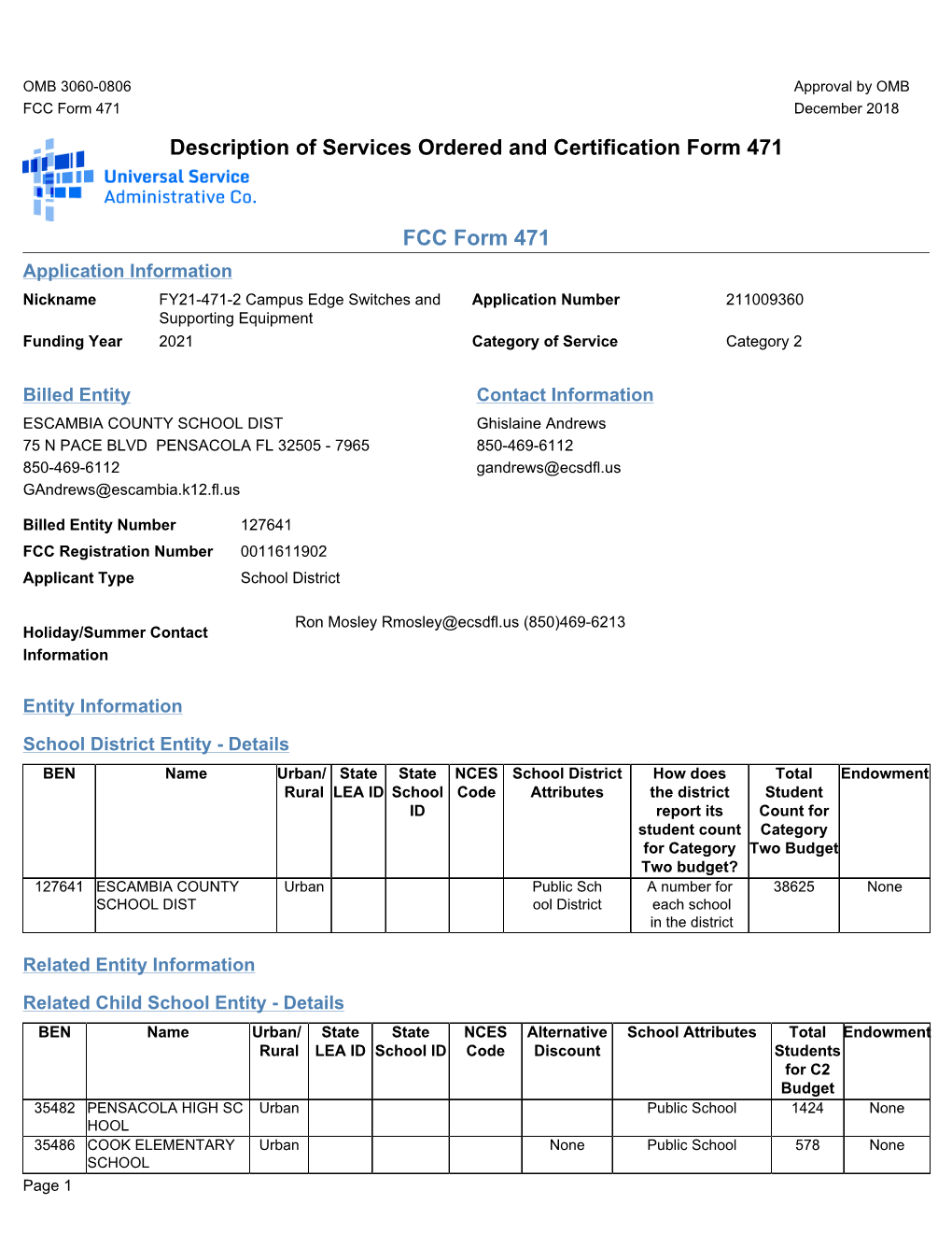 Description of Services Ordered and Certification Form 471 FCC Form