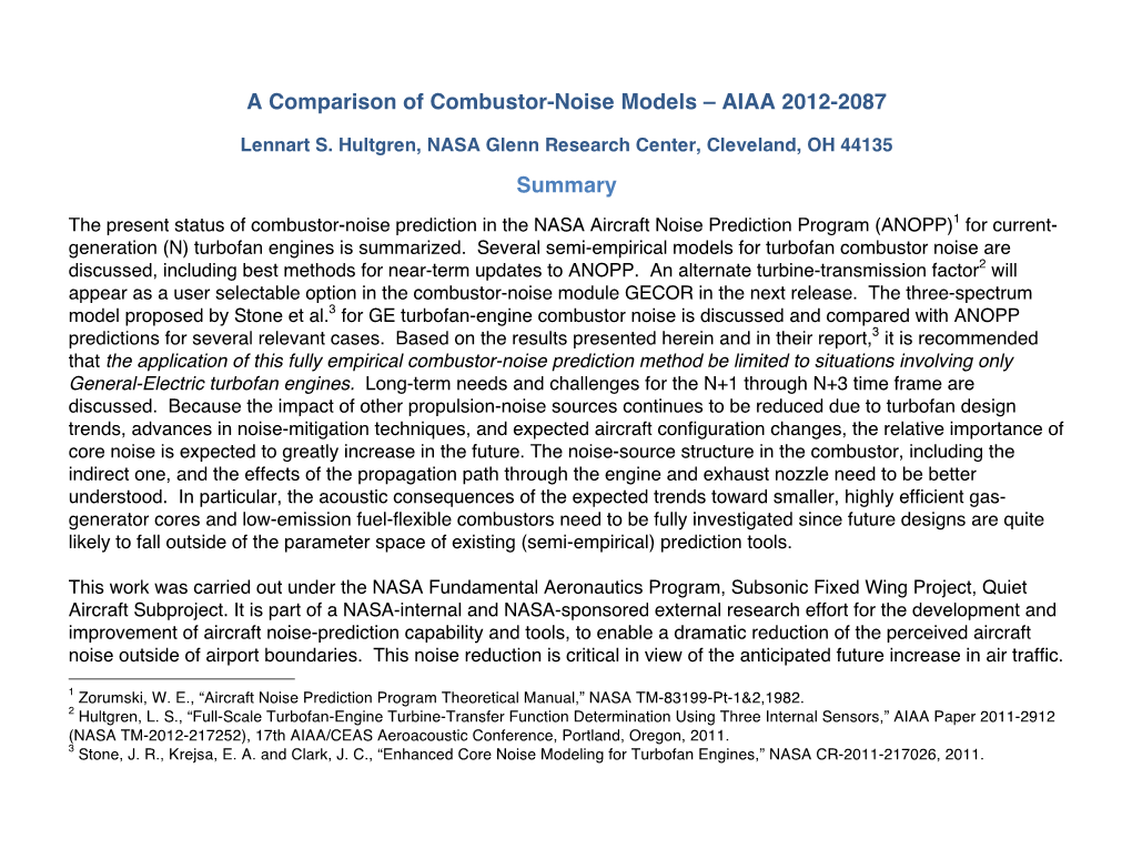 A Comparison of Combustor-Noise Models – AIAA 2012-2087